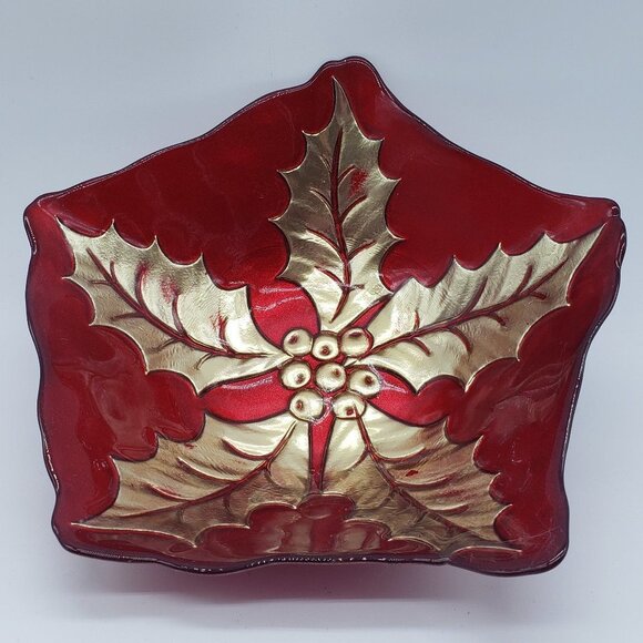 Red Gold Holly Berry Reverse Painted/Goofus Glass Pentagon Shape Art Glass Bowl - Picture 8 of 8